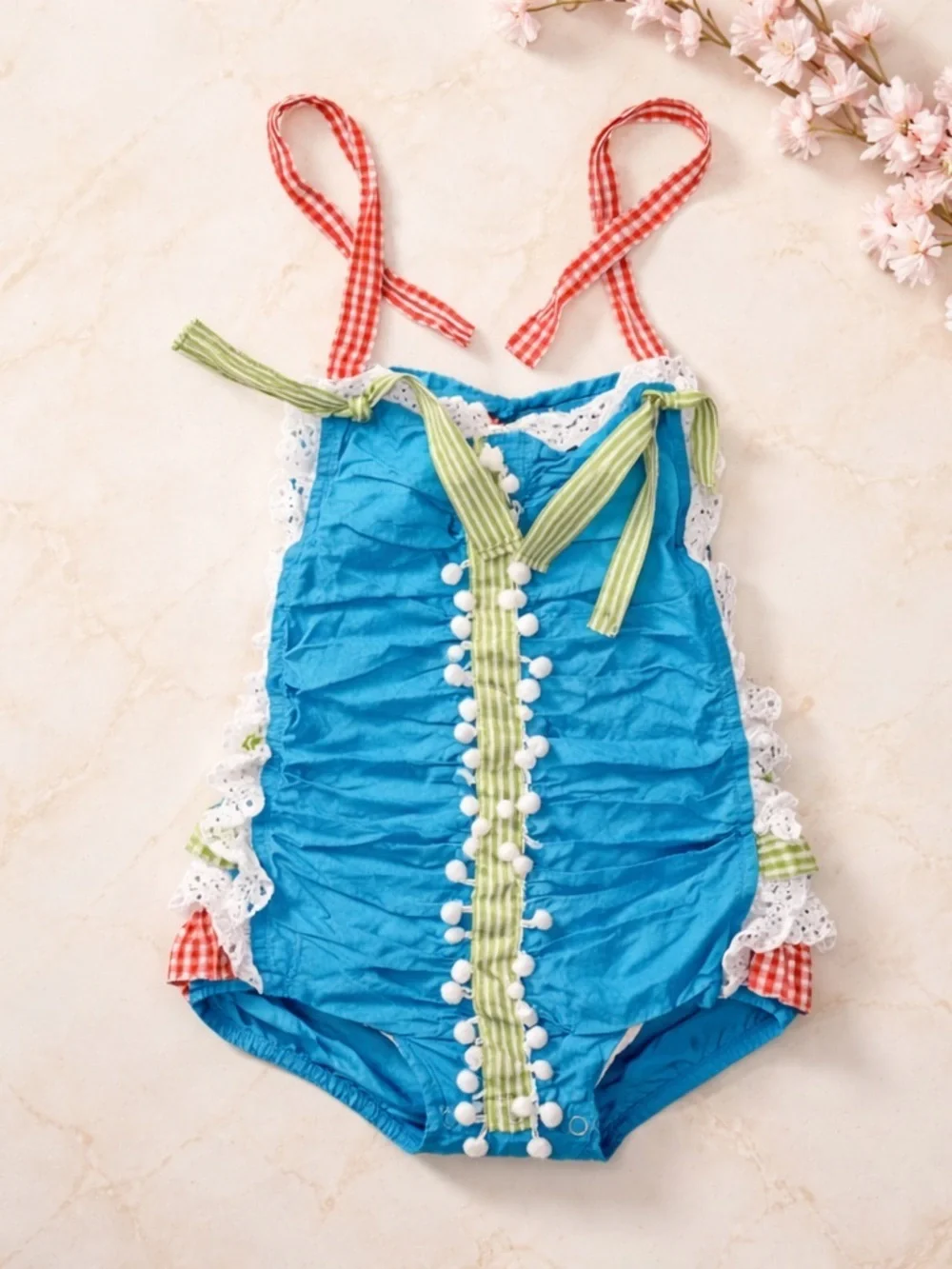 Blue Ruffled Baby Romper with Gingham Straps